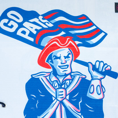 NFL New England Patriots golf towel with sports-themed design featuring a character holding a flag and text 'Go Pat'.