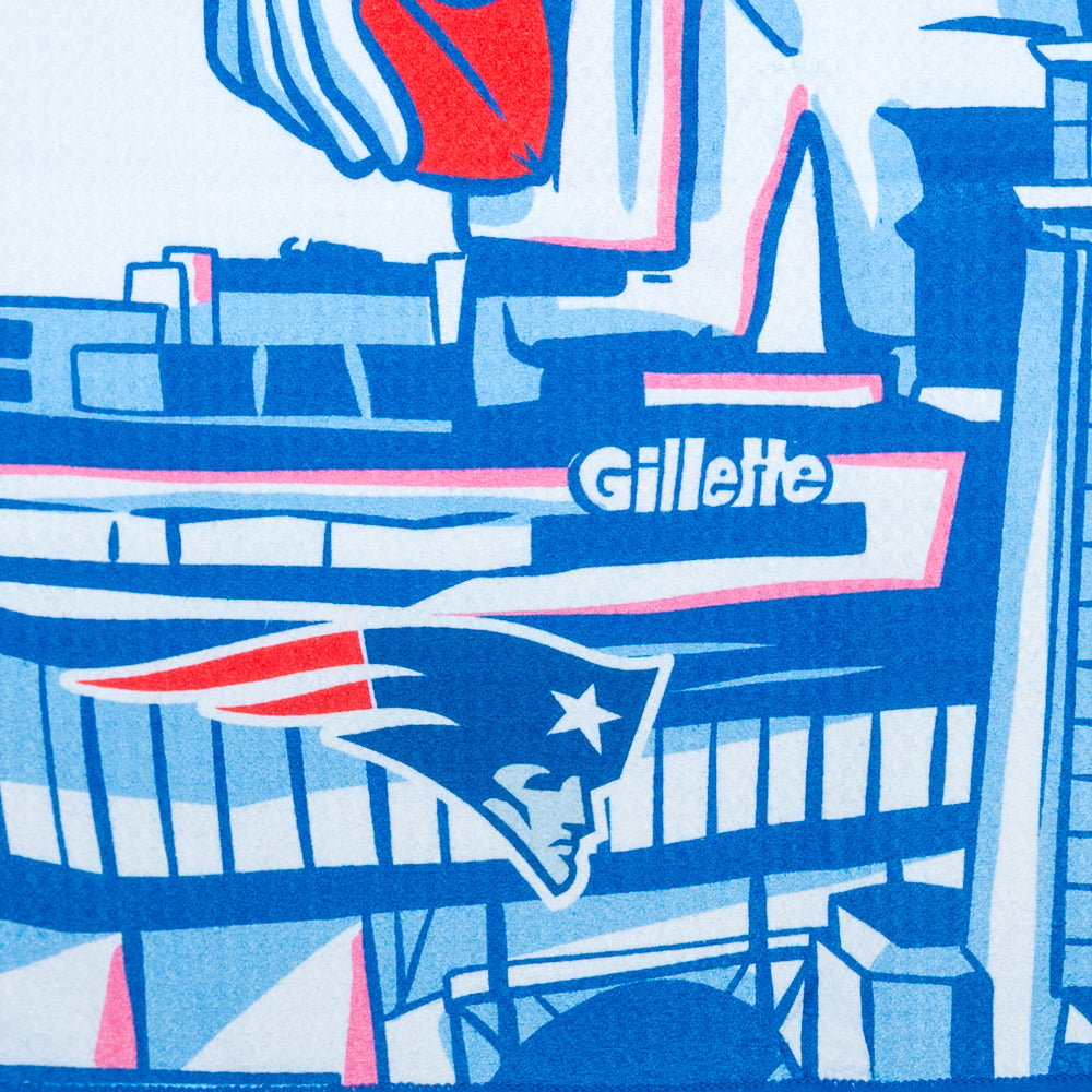 NFL New England Patriots golf towel with sports-themed design featuring a character holding a flag and text 'Go Pat'.
