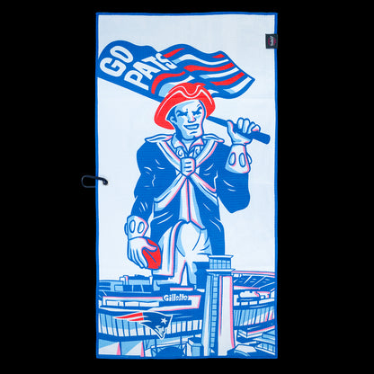 NFL New England Patriots golf towel with sports-themed design featuring a character holding a flag and text 'Go Pat'.