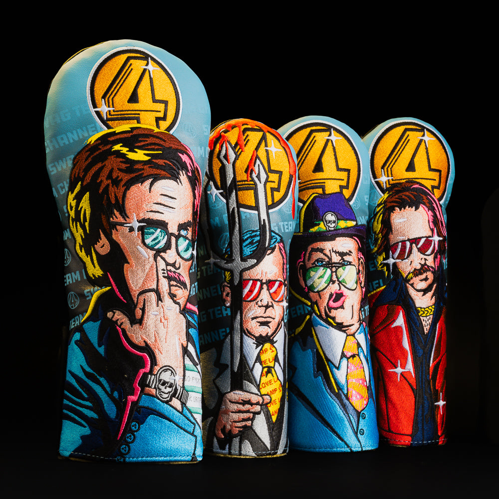 Swag blue and yellow news anchor themed golf headcover set of a driver and a fairway wood cover.