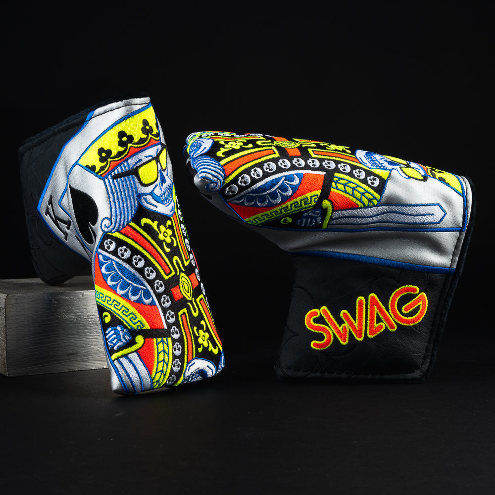 Skeleton King of Swag black, gray, orange, yellow and blue blade putter golf head cover made in the USA.