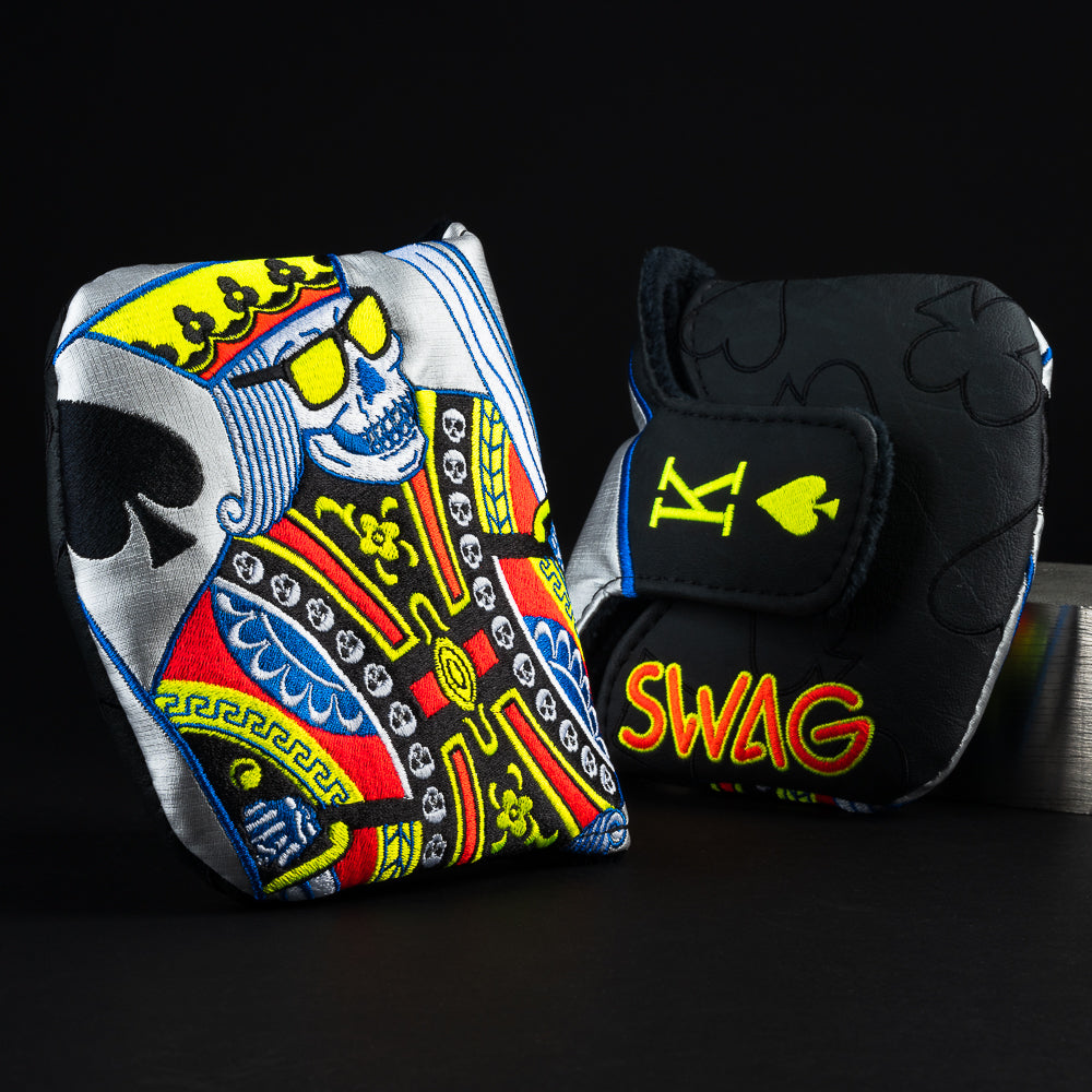 Skeleton King of Swag black, gray, orange, yellow and blue mallet putter golf head cover made in the USA.