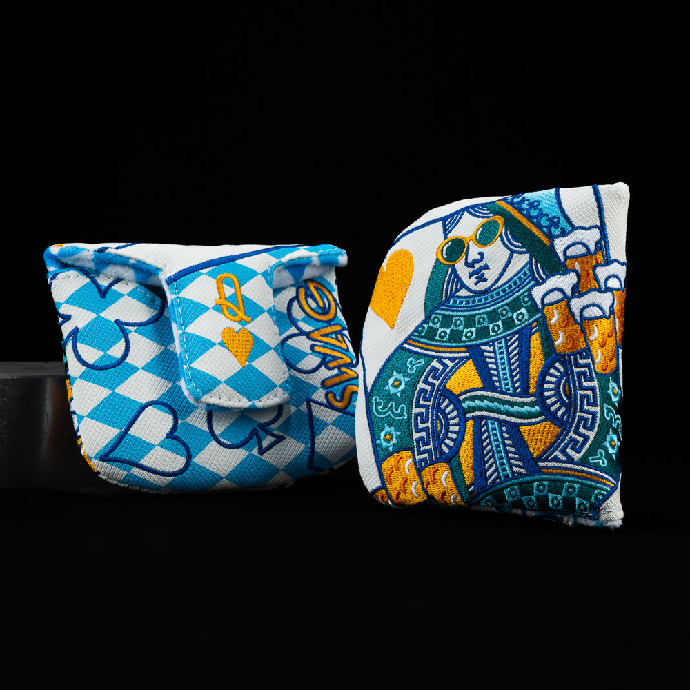 Bavarian Queen Mallet Cover in Bavarian blue with Queen card design holding beer steins.