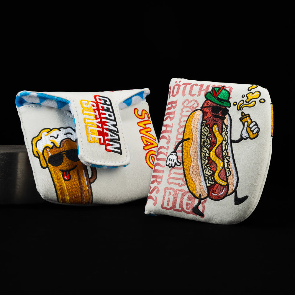 German Style Mallet Cover with bratwurst cartoon, mustard, onions, and Oktoberfest Bavarian design.