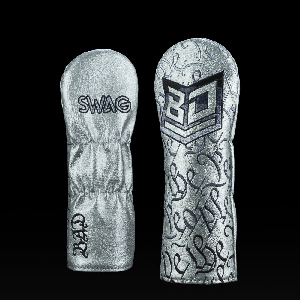Silver metallic SWAG Golf BD Let Freedom Ring fairway cover with tonal script embroidery, embroidered SWAG logo, and BD shield graphic.