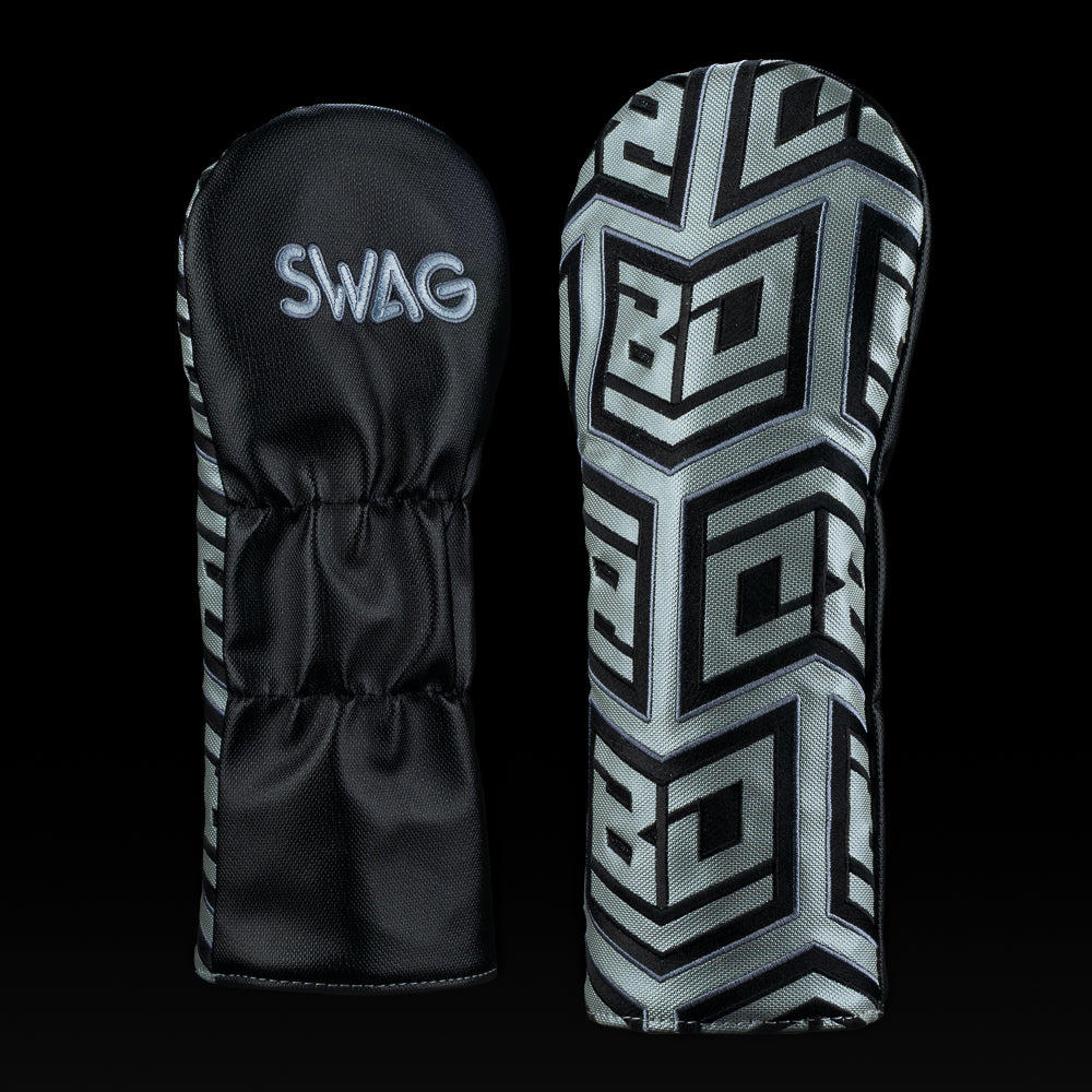 Black and metallic silver SWAG Golf Let Freedom Ring driver cover with tessellated BD logo pattern and embroidered SWAG branding.