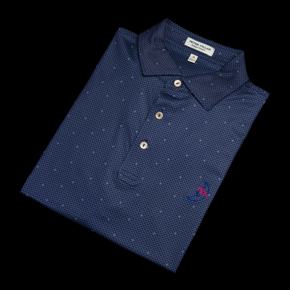 SWAG Golf x Peter Millar navy north star men's short sleeve performance golf polo shirt with embroidered moon over left chest.