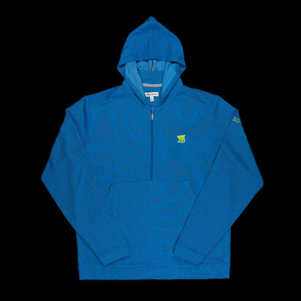 Blue zip pullover hoodie with neon green king and green swag logo by Peter Millar.