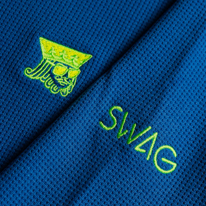 Blue zip pullover hoodie with neon green king and green swag logo by Peter Millar.