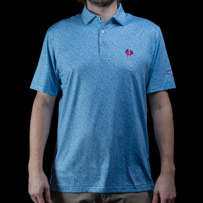 SWAG Golf x Peter Millar summer comfort men's performance golf polo with Day of the Dead print and leaking embroidered skull over the left chest.