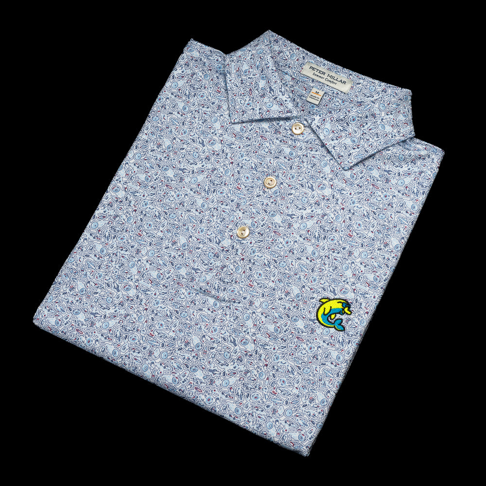 SWAG Golf x Peter Millar neon flipper bootleggers print men's short sleeve performance golf polo shirt.