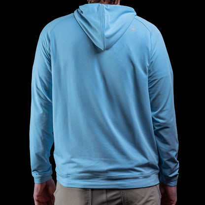 SWAG Golf x Peter Millar sky blue performance hoodie with 8-bit skull and game over embroidery on the left sleeve. 
