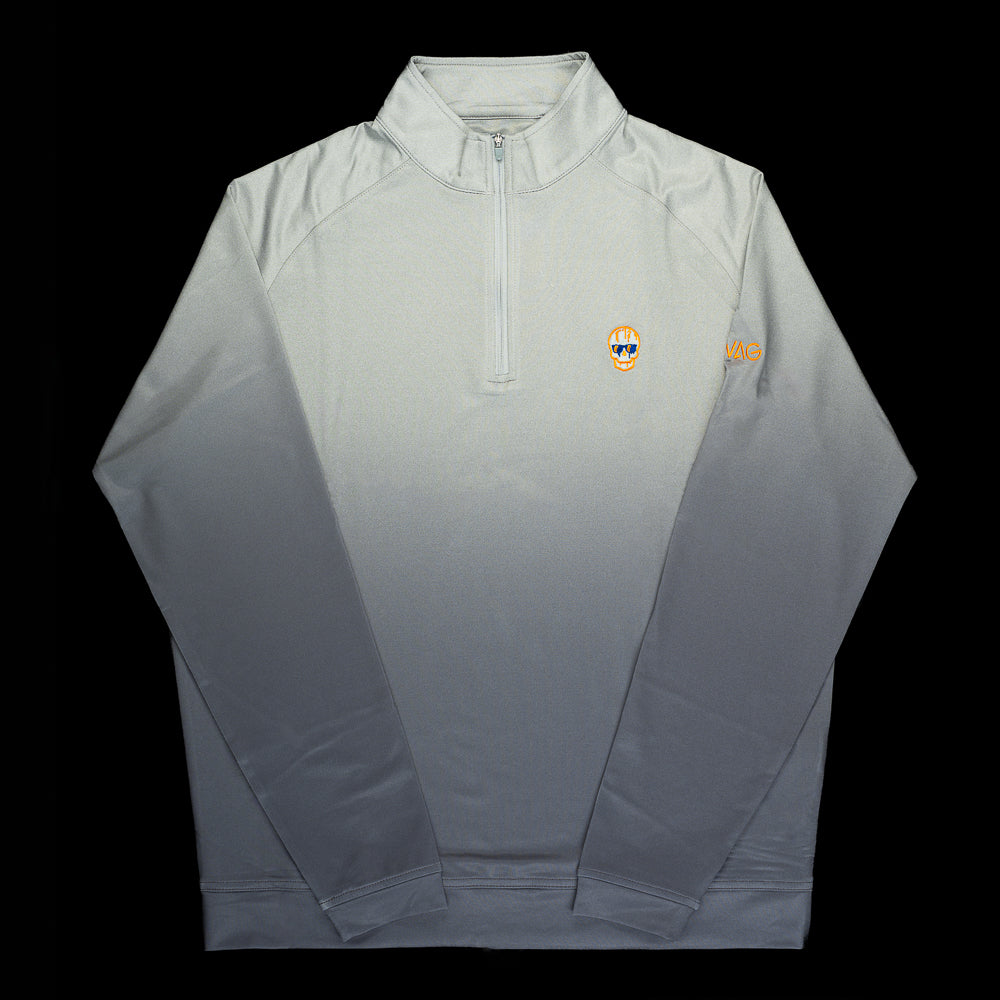 Grey ombre 1/4 zip pullover with orange skull.