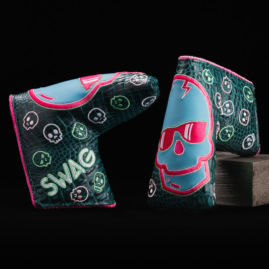 Swag skull green, blue, and pink blade putter golf headcover made in the USA.