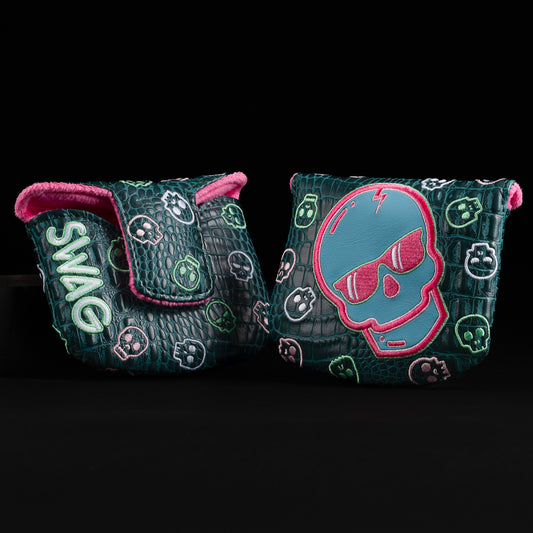 Swag skull green, pink, and blue mallet putter golf headcover made in the USA.