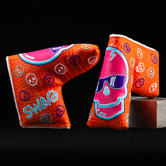 Swag skull orange, pink, and white blade putter golf headcover made in the USA.