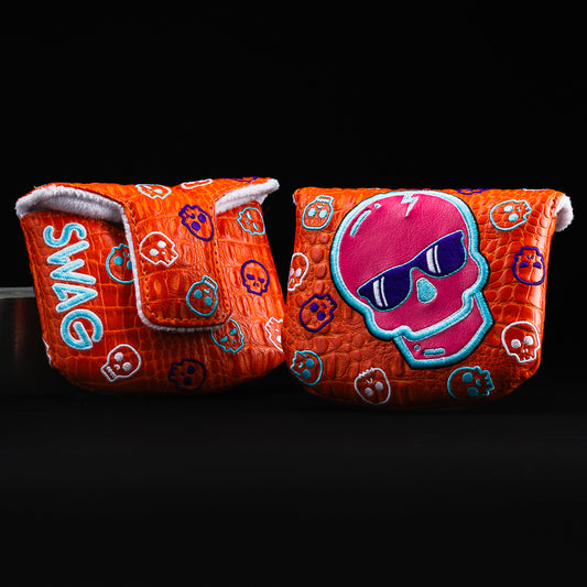Swag skull orange, pink, and white mallet putter golf headcover made in the USA.