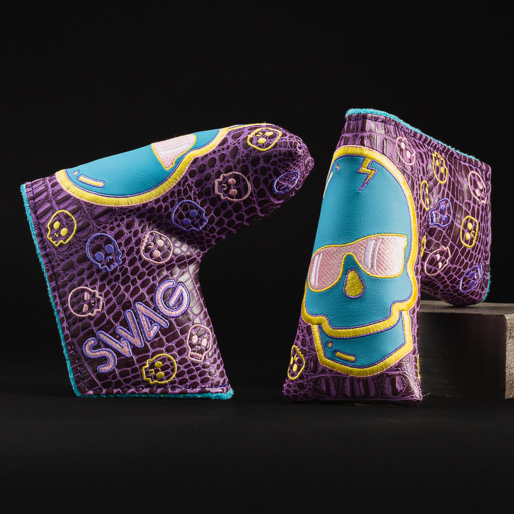 Swag skull purple, blue, and gold blade putter golf headcover made in the USA.