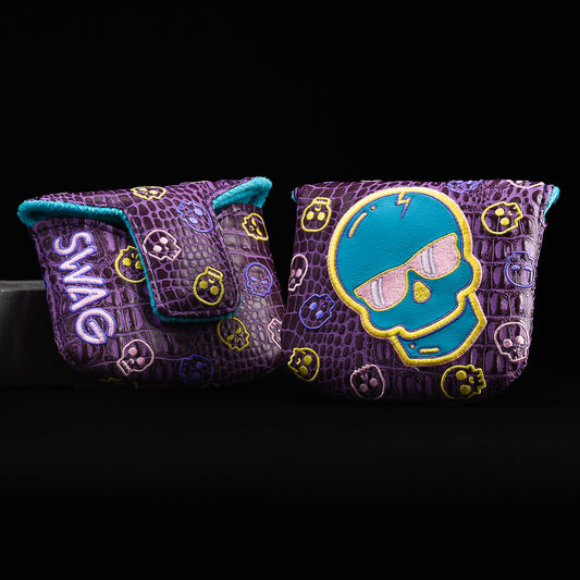 Swag skull purple, blue, and gold mallet putter golf headcover made in the USA.