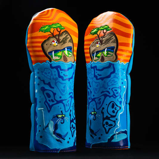 Swag skullpress orange and blue Pebble Beach cypress themed driver golf headcover made in the USA.