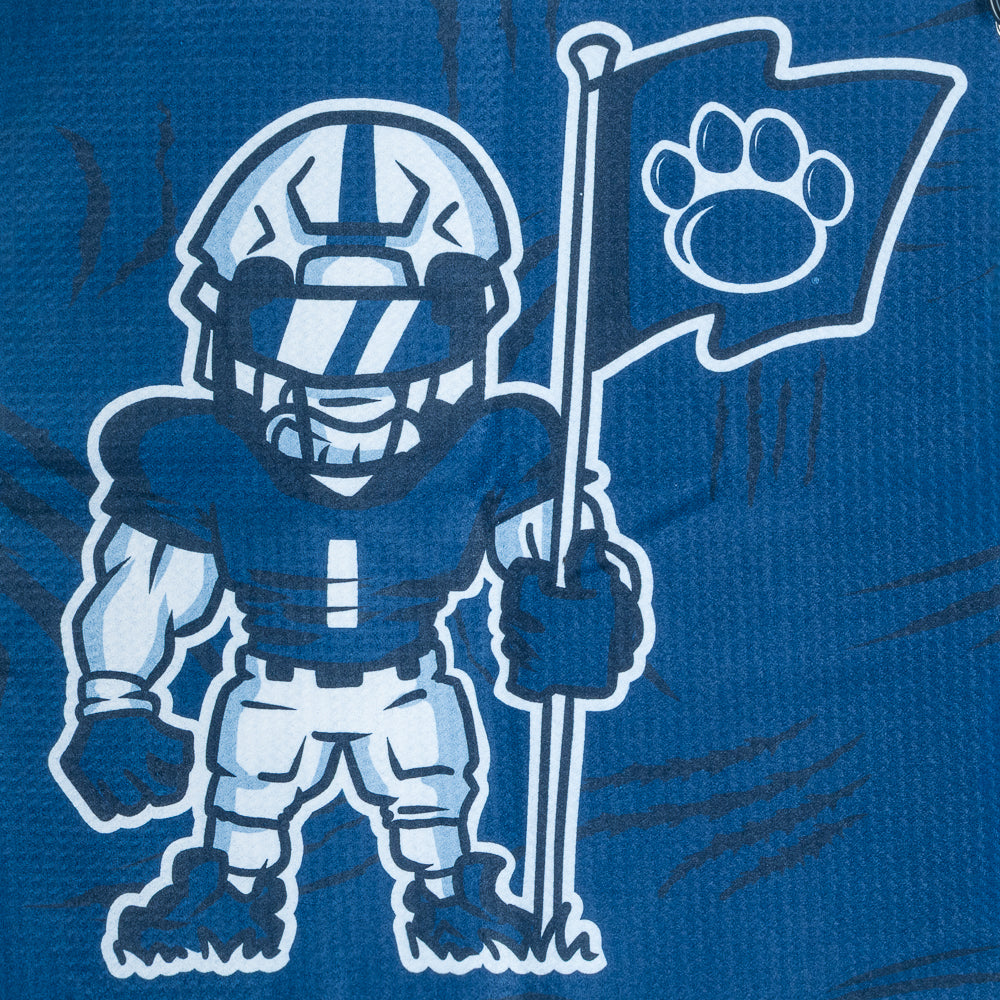 Blue Penn State golf towel with football player graphic, paw flag, and 'Nittany Lions' text on a black background