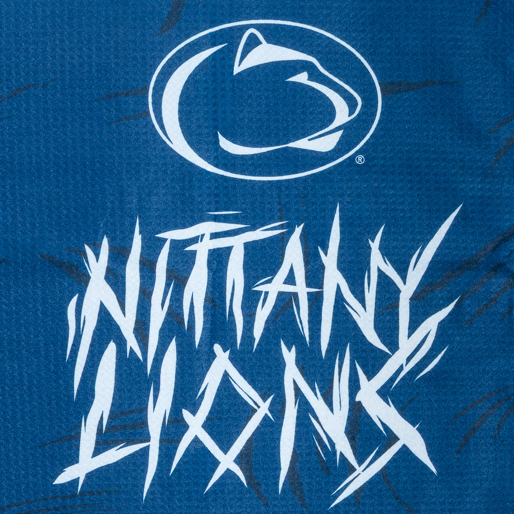 Blue Penn State golf towel with football player graphic, paw flag, and 'Nittany Lions' text on a black background