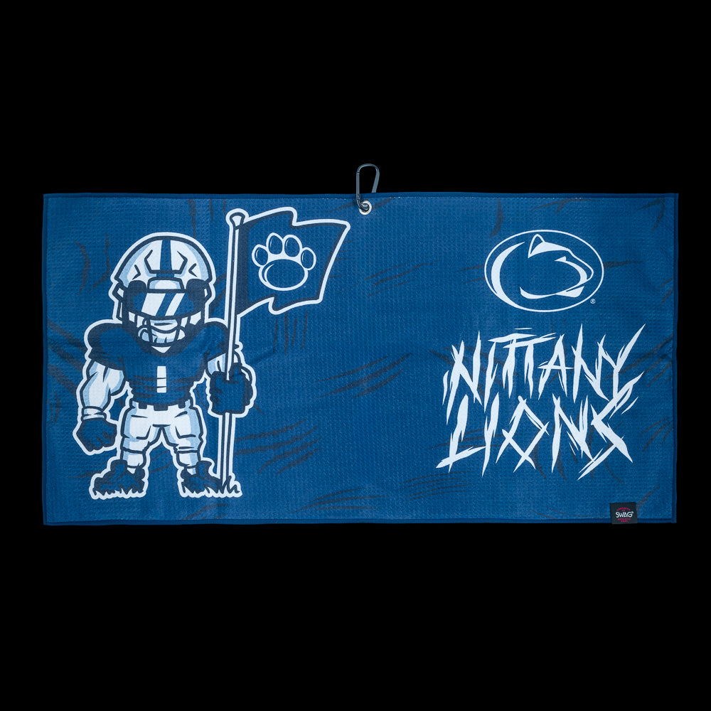 Blue Penn State golf towel with football player graphic, paw flag, and 'Nittany Lions' text on a black background