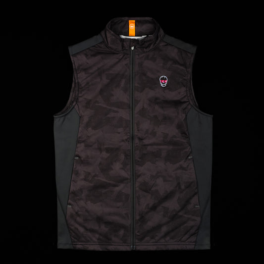 Swag x Peter Millar youth black camo performance golf vest with skull on left chest.