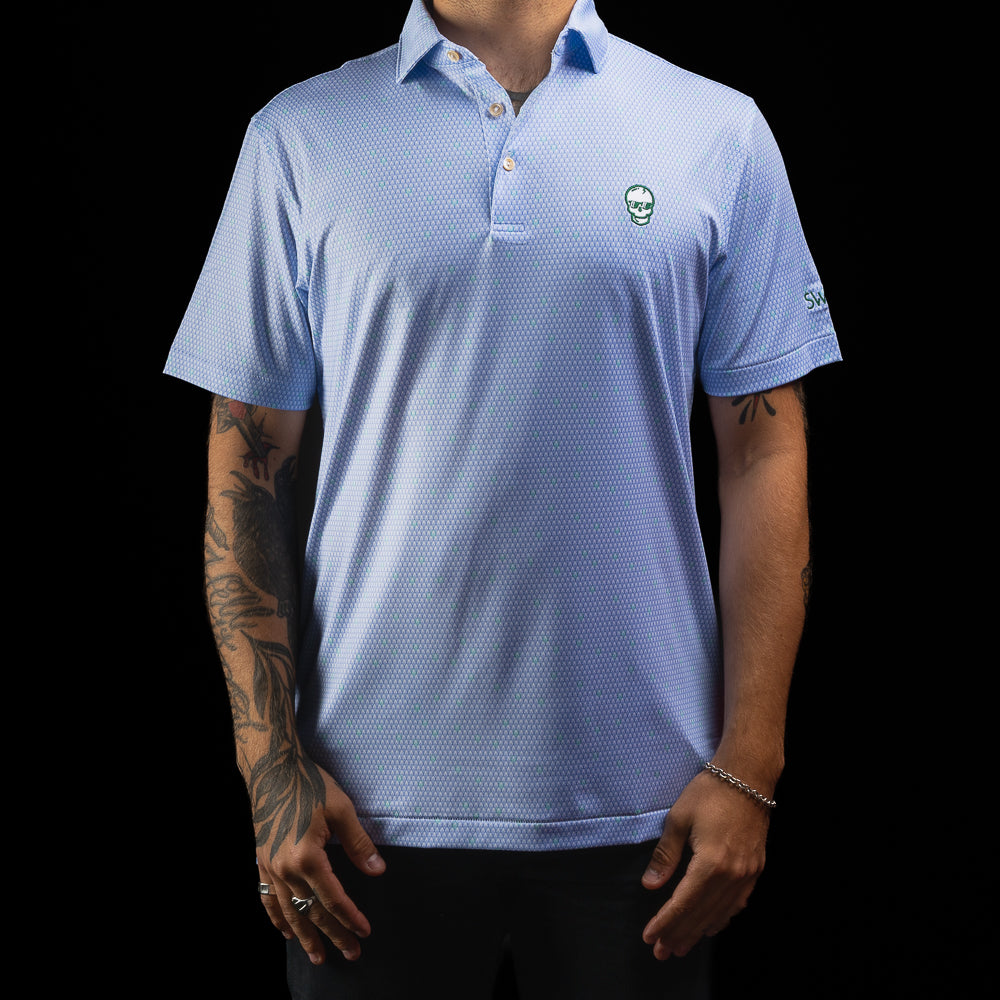Peter Millar x SWAG Golf summer comfort men's short sleeve performance golf polo shirt with geo skull pattern.