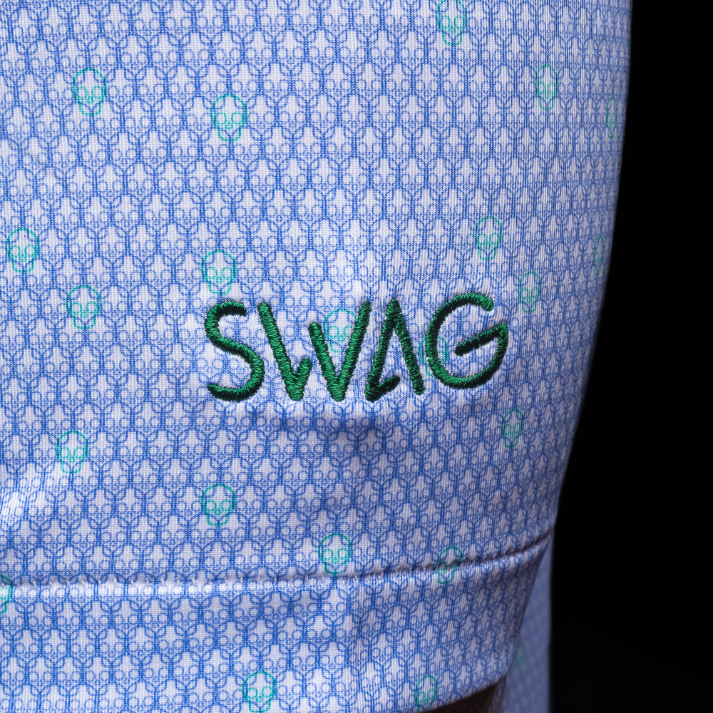 Peter Millar x SWAG Golf summer comfort men's short sleeve performance golf polo shirt with geo skull pattern.