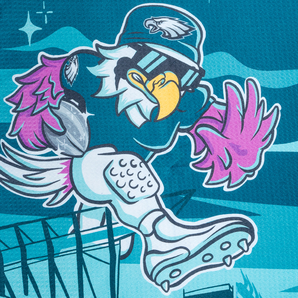 Golf towel with NFL Philadelphia Eagles cartoon eagle character and 'Bird Gang' text on a blue background.
