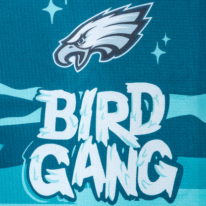 Golf towel with NFL Philadelphia Eagles cartoon eagle character and 'Bird Gang' text on a blue background.