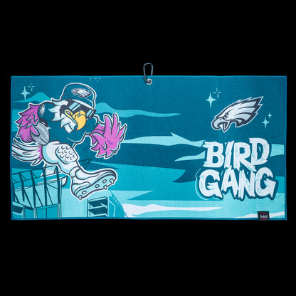 Golf towel with NFL Philadelphia Eagles cartoon eagle character and 'Bird Gang' text on a blue background.