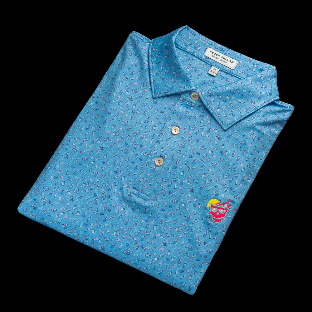 SWAG x Peter Millar blue men's short sleeve golf performance polo shirt.