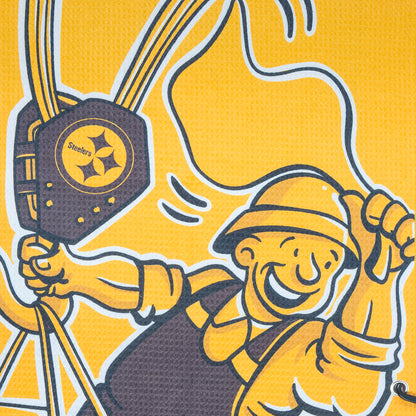 NFL Pittsburgh Steelers officially licensed yellow and black performance golf towel featuring construction worker on a beam.