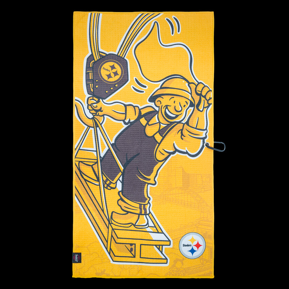 NFL Pittsburgh Steelers officially licensed yellow and black performance golf towel featuring construction worker on a beam.