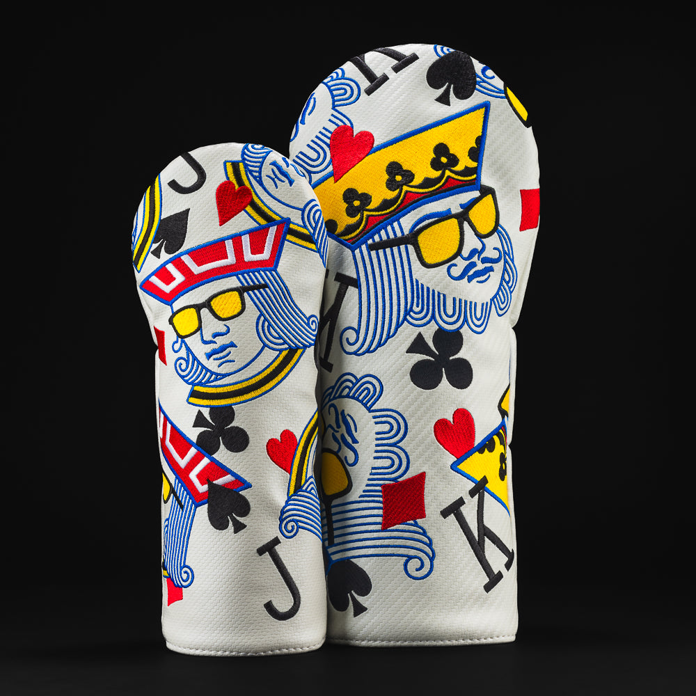 Poker King and Jack Wood Set in white with red, yellow and blue Wood Set golf headcover.