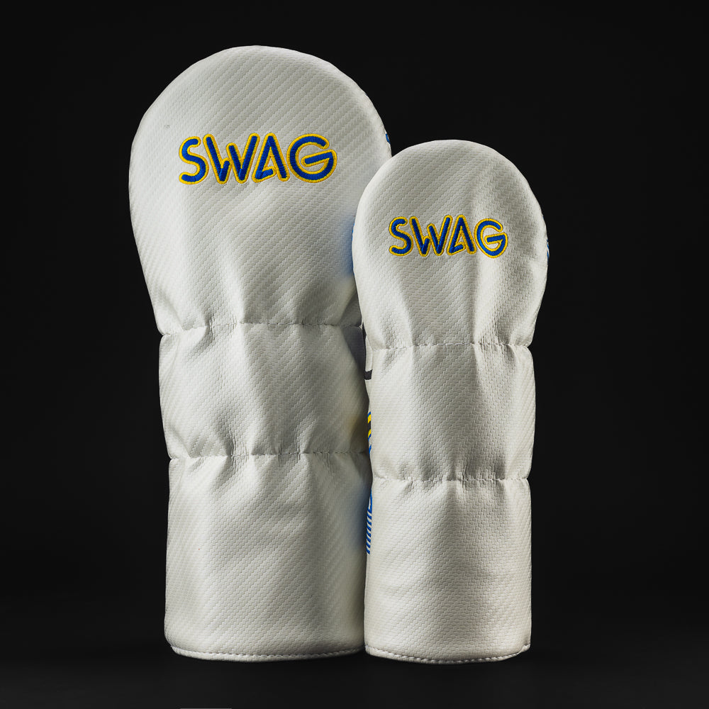 Poker King and Jack Wood Set in white with red, yellow and blue Wood Set golf headcover.