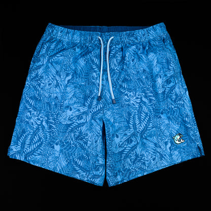 Poolside Flipper blue Peter Millar swim trunks.