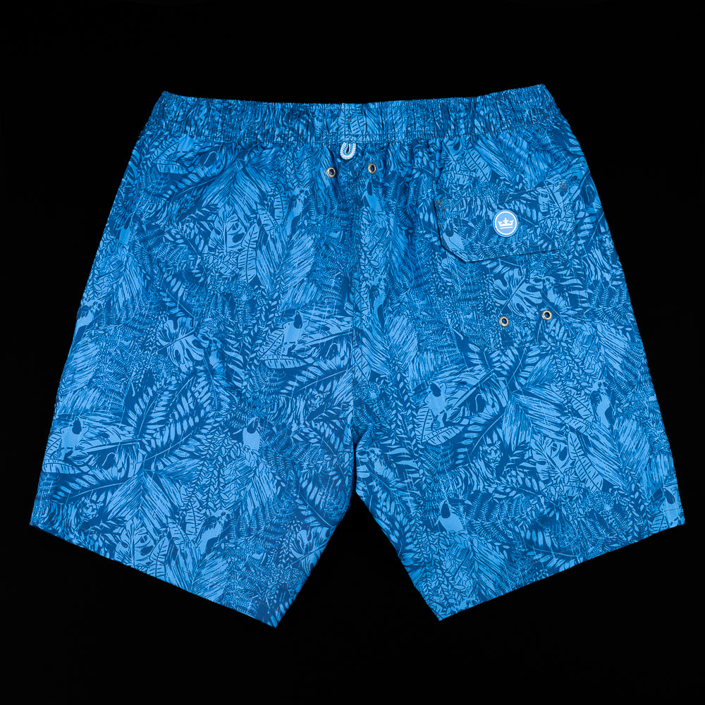 Poolside Flipper blue Peter Millar swim trunks.