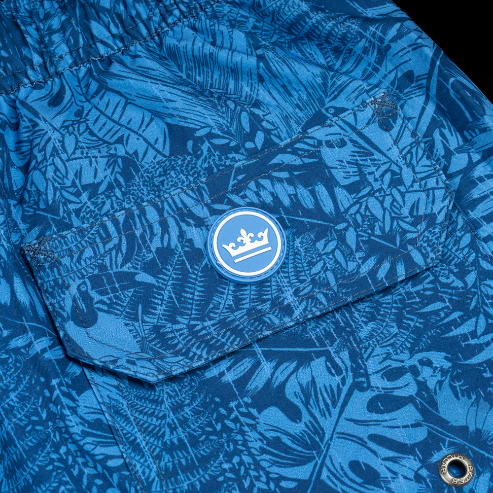 Poolside Flipper blue Peter Millar swim trunks.