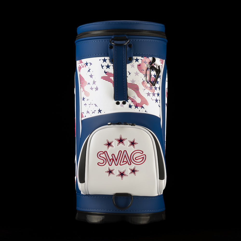 Side profile of the USA Skull Stars & Stripes Den Caddy Cooler featuring a white SWAG pocket, red and navy embroidered stars, carrying strap hardware and patriotic graphics.