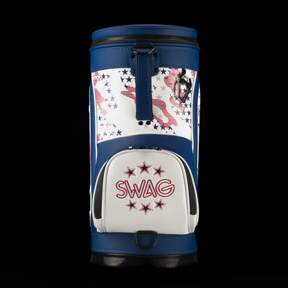 Side profile of the USA Skull Stars & Stripes Den Caddy Cooler featuring a white SWAG pocket, red and navy embroidered stars, carrying strap hardware and patriotic graphics.