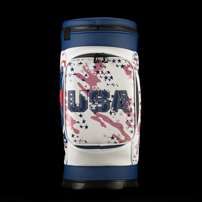 Back view of the USA Skull Stars & Stripes Den Caddy Cooler featuring a white zippered pocket with navy USA lettering over distressed red, white and blue stars and stripes.