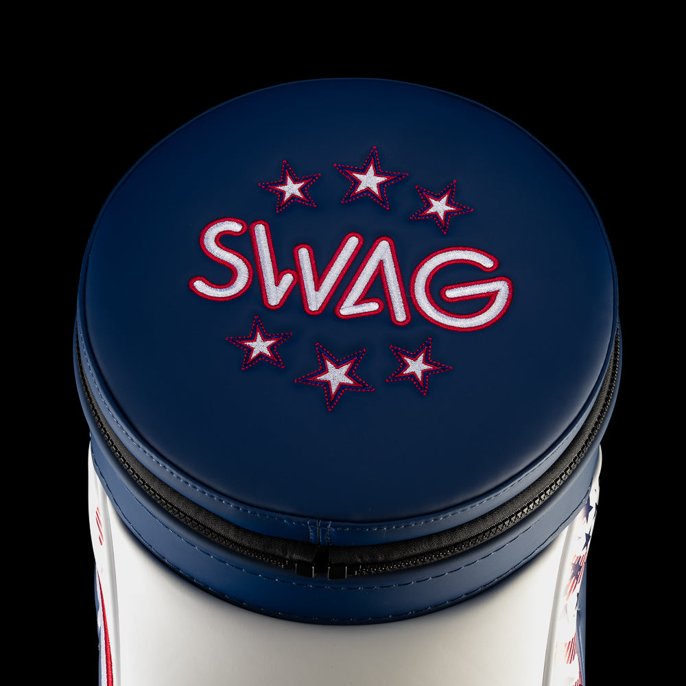 Close-up of the navy lid on the USA Skull Stars & Stripes Den Caddy Cooler featuring the white SWAG logo outlined in red and surrounded by six embroidered stars.