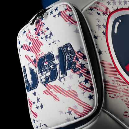 Close-up of the white zippered pocket on the USA Skull Stars & Stripes Den Caddy Cooler featuring navy USA lettering, a skull detail and scattered red, navy and silver stars.