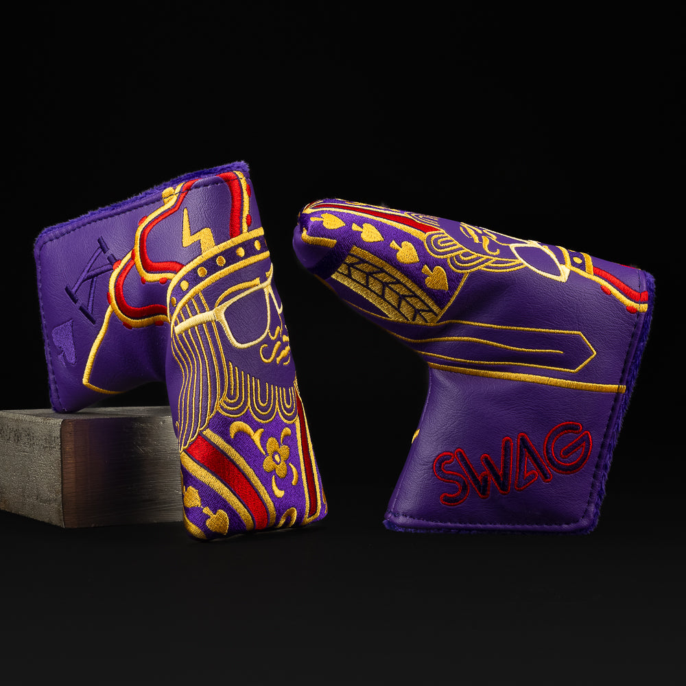 Purple Royal King Crown blade golf club headcover with red and gold lettering and stitching. 