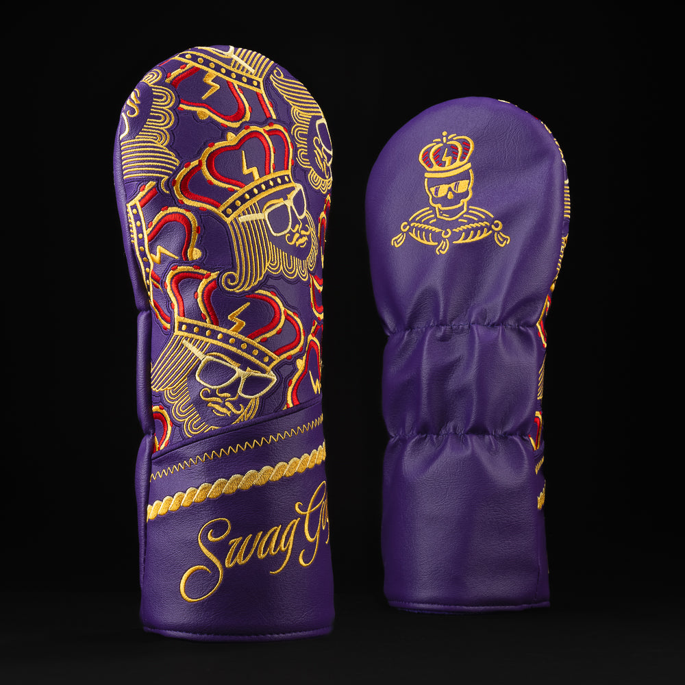 Purple Royal King Crown driver golf club headcover with red and gold lettering and stitching. 