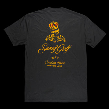 Black T-Shirt with gold lettering and a image with Skull on a royal pillow.