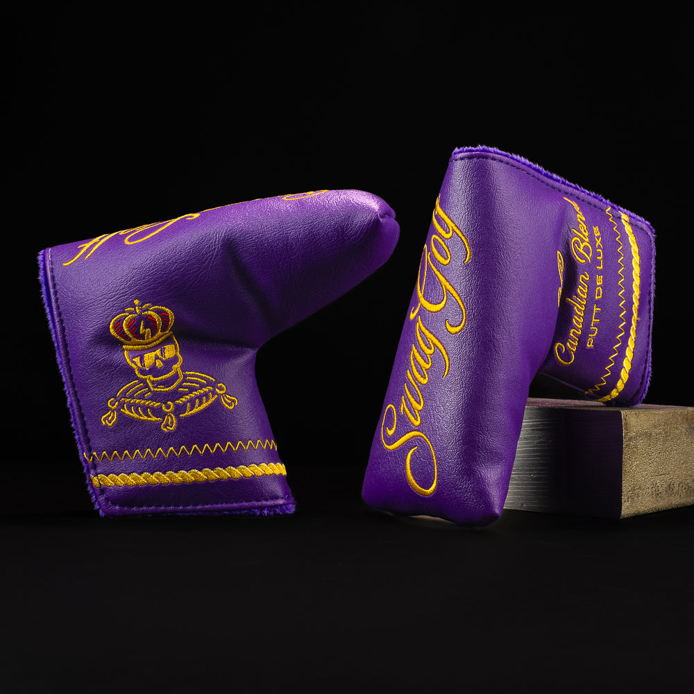 Purple Royal Crown blade golf club headcover with gold lettering and stitching. 